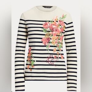 Lauren Ralph Lauren Floral & Striped Jersey Long Sleeve Shirt Women L